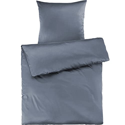 Pure Label Mako Satin Bettwäsche blau 155x220 cm mit Kissenbezug 80x80 cm aus 100% Baumwolle - Traumhaft weiches Mako Satin Bettwäsche Set in Uni
