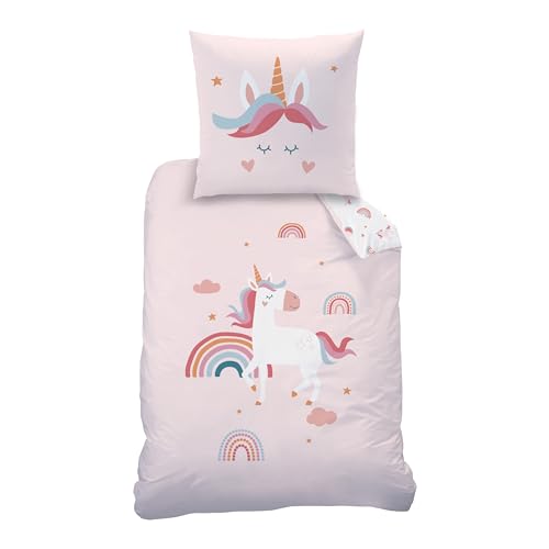 MTOnlinehandel Unicorn Bettwäsche Kinderbettwäsche Jugendbettwäsche 135x200 · Regenbogen Einhorn Emma · Wende Motiv · Kissenbezug 80x80 + Bettbezug 135x200 cm · 100% Baumwolle