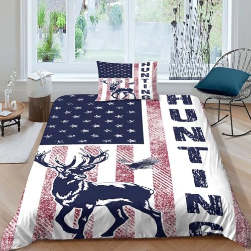 Hirsche,amerikanische Flagge,Tiere,Wildtierjagd 3D Gedruckter Mädchen Junge Kinder Bettwäschegarnitur Bettbezug Set Reissverschluss Weich Und Kissenbezüge Bettwäsche 2 Teilig Single?135x200cm?