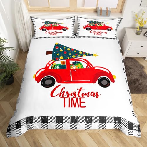 Bettwäsche 155x220cm Weihnachtsauto Bettwäsche Set Rotes Auto, Schwarz-weiß Kariert Schlafzimmer Dekor Bettbezug Set 3 Teilig Mikrofase Luxus Modern Mit Reißverschluss + 2 Kissenbezug 80x80cm