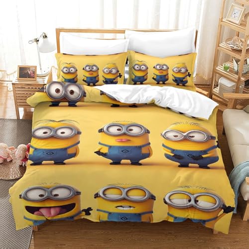 DFURNIOPE Minions 3Pcs 3D-Druck Bettbezug Sets Mit Reißverschluss Verschluss Bettwäsche Set Für Jungen Mädchen Kinder +2Kissenbezug Single?140x200cm?