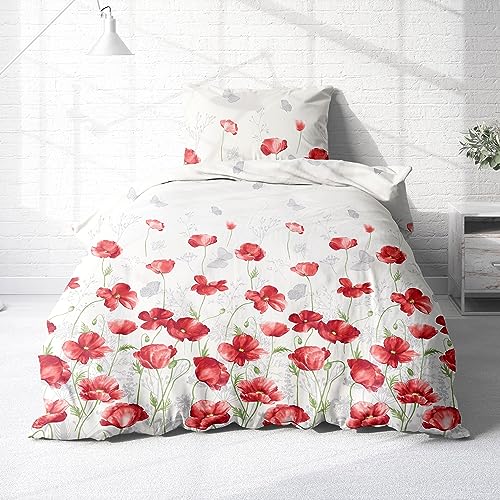 Träumschön Blumen Bettwäsche 135x200 2tlg - Design Mohnblumen rot Weiss - Renforce Bettwäsche aus 100% Baumwolle mit Reißverschluss - atmungsaktiv und bügelfrei