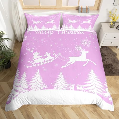 Homewish Frohe Weihnachten Bettbezug Set Weißer Weihnachtsbaum 135x200 Bettwäsche Sets,Weihnachtsmann Tröster Abdeckung Weihnachten Schneeflocke Elch Hirsch Bett Set,Lila Weihnachts Dekorationen