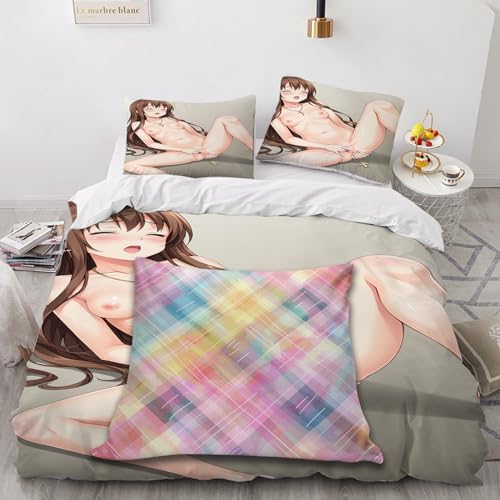 SPECUFX Liebey Anime-Mädchen Oppai 3 Teilig Bettbezüge 135x200 Bettwäsche Weihnachten Bequeme leichteLuxus Hypoallergene Deckenbezug 135x200cm Bettbezug Set 2 Kissenbezug 80x80cm Reißverschluss