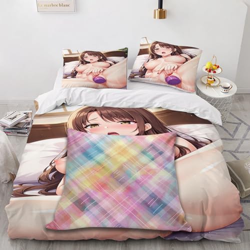 SPECUFX Liebey Anime-Mädchen Ecchi 3 Teilig Bettbezüge 135x200 Bettwäsche Geburtstagsgeschenke Weihnachten Bequeme Deckenbezug 135x200cm Bettbezug Set 2 Kissenbezug 80x80cm Reißverschluss