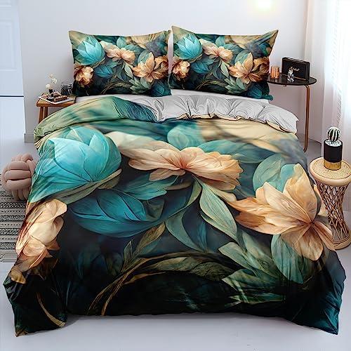 DXHOME Blumen 135x200 Bettwäsche Grün Gelb Blau Bunt Blümchen Muster Luxus Aesthetic Grau Wendebettwäsche Atmungsaktiv Microfaser Einzelbett Bettbezug mit Reißverschluss + 1 Kissenbezug 80x80 cm