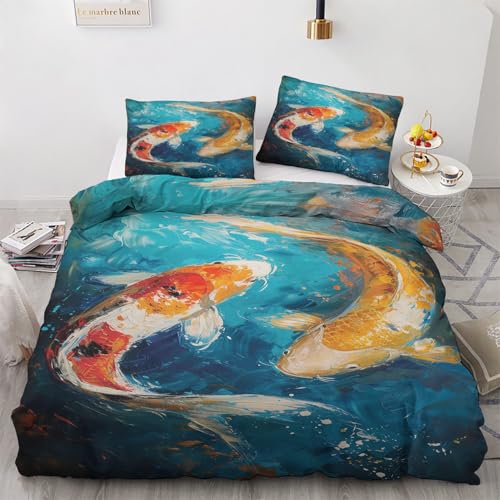 SUWALI Bettwäsche Koi Karpfen 140x200, Orientalisch Japanisch Motiv Bettbezug und 1 Kissenbezug 70x90 - Weiche Kuschelige Mikrofaser Wendebettwäsche 2tlg mit Reißverschluss, Allergiker Geeignet