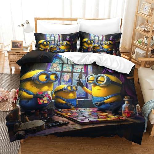 DFURNIOPE Minions 3Pcs 3D-Druck Bettbezüge Set Mit Reißverschluss Verschluss Bettwäsche Set Für Jugendliche Und Erwachsene +2Kissenbezug King?220x240cm?