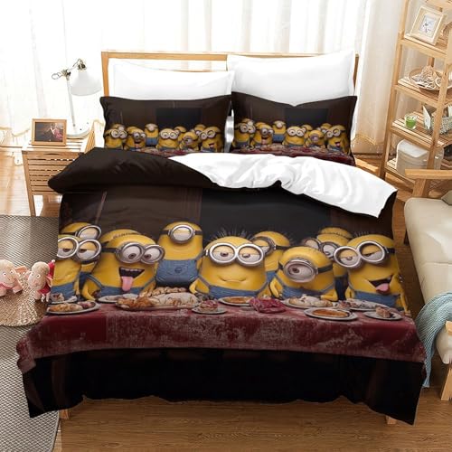 DFURNIOPE Minions 3Pcs 3D-Druck Bettbezug Sets Mit Reißverschluss Verschluss Bettwäsche Set Für Kinder/Kinder/Mädchen +2Kissenbezug King?220x240cm?