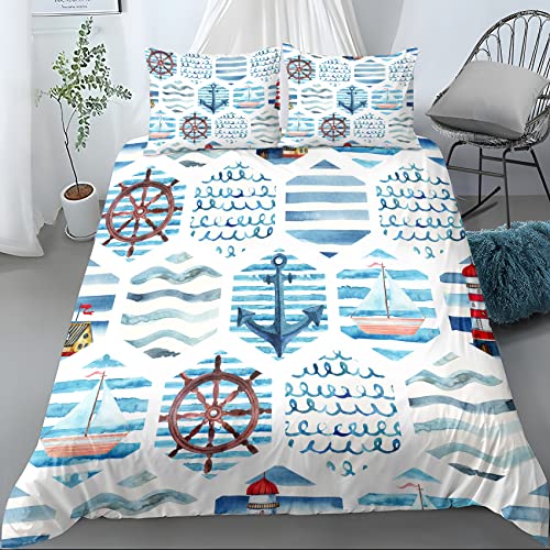 WQIZXCW Maritime Bettwäsche 200x200, Marine Stil Microfaser Bettbezug Set 3 Teilig - Weich & Angenehm & Atmungsaktiv, 1 Bettbezüge mit Reißverschluss + 2 Kissenbezug 80x80 cm