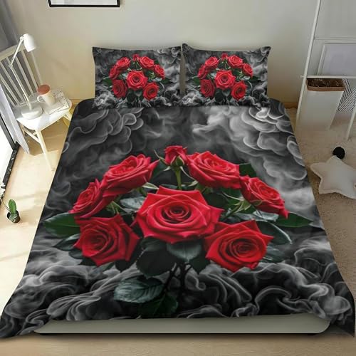 OaKita Rot Rose Bettwäsche Set 3D Rose Blumen Muster Bettbezug Set Romantischer Blumen Rose Microfaser Bettbezug mit 2 Kissenbezug 80x80 cm (A04,135x200cm/80x80cm)