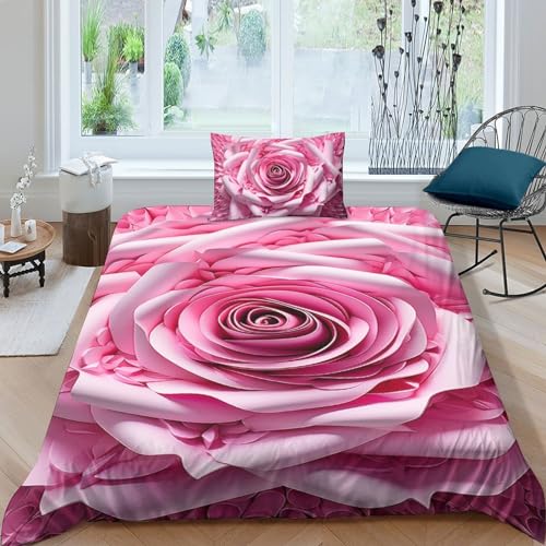 JUXINGABC rosa Rose Bettwäsche Bettbezug 3D Quilt Cover Soft Microfiber 2 STÜCKE Für Jungen Mädchen Erwachsene Single?135x200cm?