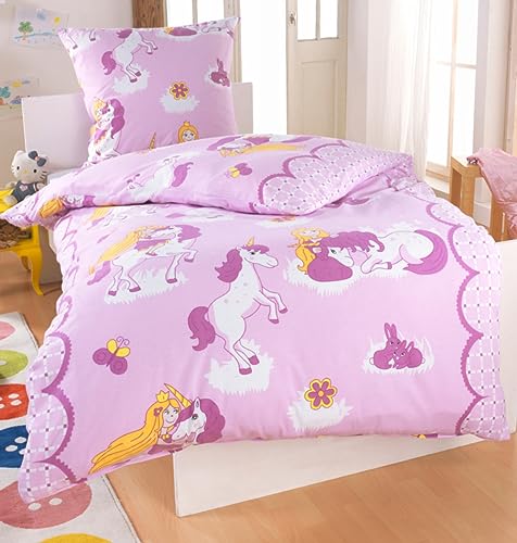 DreamHome Fein-Biber Bettwäsche 135x200 Mädchen, extra Flauschige Bettwäsche, Einhorn Bettdecke, Kinder Bettwäsche Baumwolle, kuscheliges Bettwäsche Set in Unicorn, Designe:Prinzessin-Einhor n