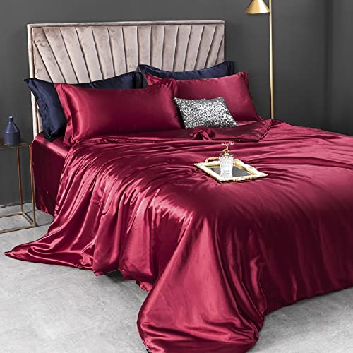 Sedefen Satin Bettwäsche 135x200cm Rot Burgund Weinrot Glatt Glanzsatin Seide Sommerbettwäsche Set Uni Luxus Bettbezug mit Reißverschluss und Kissenbezug 80x80cm