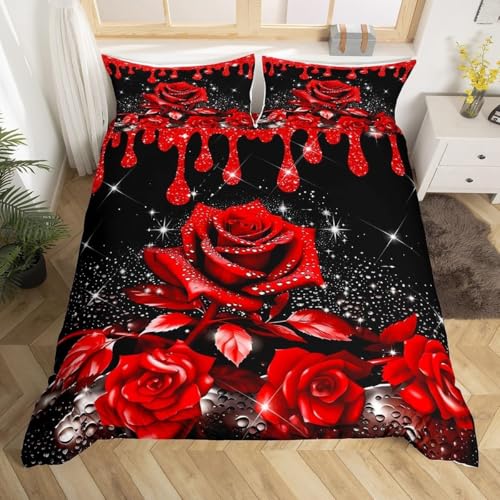 EXSANLIEAY Rote Rose Bettwäsche 155x220 - Blumen Wendebettwäsche, Weiche & Atmungsaktiv Microfaser Bettbezug + 2 Kissenbezug 80x80, Angenehme bettwäsche-sets, 3 Teiligmit Reißverschluss