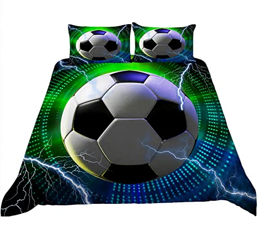 Tospass Bettwäsche Set 135x200cm Kinder Fußball 3D Bedrucktes Mädchen Jungen Jungs 2 Teilig Weich Kinderbettwäsche Blau Grün Microfaser Kuschelig Bettbezug mit Reißverschluss 1 Kissenbezug 80x80cm