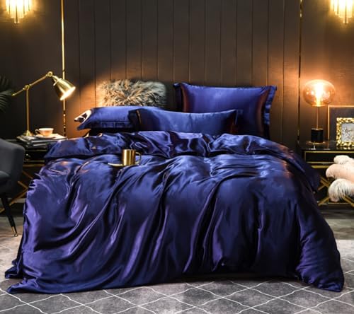 Menkala Satin Bettwäsche 135x200 Blau Seide Bettbezug 2 Teilig Dunkelblau Barock Stil Vintage Microfaser Unifarben Seidenbettwäsche Luxus Wendebettwäsche mit Reißverschluss und 1 Kissenbezüge 80x80cm