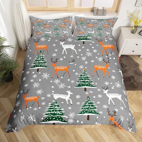 Loussiesd Kinder Frohe Weihnachten Bettwäsche Set 135x200cm Hirsch Anlter Jagd Bettbezug Set für Jungen Mädchen Schneeflocke Weihnachtsbaum Winter Theme Betten Set Happy New Year Bettwäsche-Set