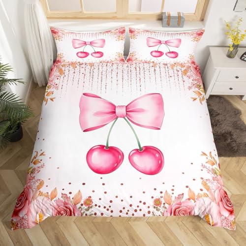 Homewish Rosa Bogen Bettwäsche Set Rosa und Weiß Bowknot Tröster Bezug 200x200,Schmetterling Knoten Prinzessin Bettbezug Kirschblüte Dekor Bettbezug Ultra Soft All Seasons Leicht