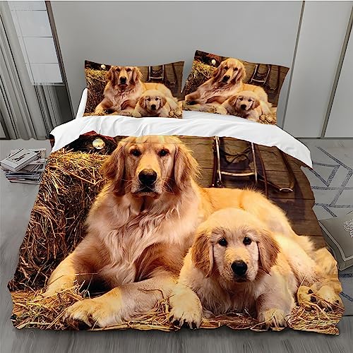 MLUNKQAIL Bettwäsche 135x200, Golden Retriever Bettbezug, BräUnlichgelb Weich Atmungsaktiv Bettwäsche Set, Mikrofaser Bettbezüge und 2 Kissenbezüge 80x80 cm mit Reißverschluss für Ganzjaehrig