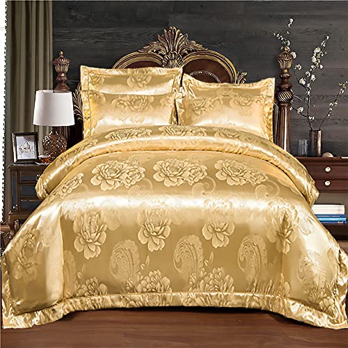 DXHOME Bettwäsche 200x220 Gold Satin Glatt Glänzend Wendebettwäsche Luxuriös Bettbezug Barock Blumenmuster Bettbezug mit Reißverschluss und 2 Kissenbezüge 80 x 80cm