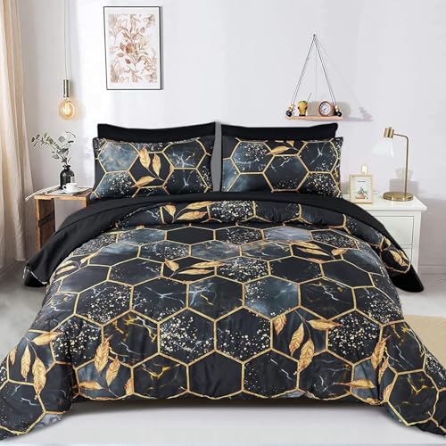 Freyamy 3D Marmor Bettwäsche 135x200cm 2teilig Schwarz Gold Geometrische Marmormuster Luxus Bettwäsche 100% Mikrofaser Bettwaren-Sets Weiche Bettbezug mit Reißverschluss und Kissenbezug 80x80cm