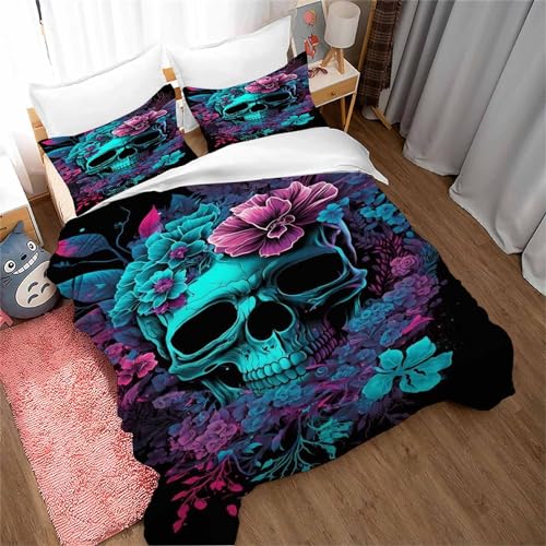 UNAGRI Gothic Schädel Bettwäsche Bettbezug Und Kissenbezug, Rose Blumen Und Totenkopf 3D Bettwäsche Set 100% Microfaser 135 X 200 cm Für Jungen Mädchen (1,135×200CM)