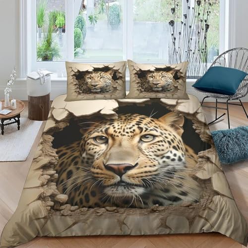 Bettwäsche 200X200 cm Tier Leopard Kinder Bettbezug Set 3D Druck Bettbezüge Set 3 Teilig Mikrofaser Weich Bettbezug 2 Kissenbezug Mit Reißverschluss Teenager Erwachsene Bettwäsche-2824077820918 35