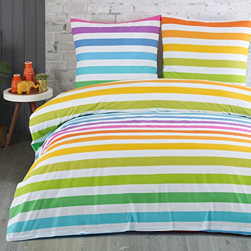 Buymax Bettwäsche 155x220 Baumwolle 2-Teilig Bettgarnitur mit Bettbezug und Kissenbezug 80x80 Renforce Streifen-Muster Regenbogenfarben Bettwäsche-Set, Bunt Regenbogen