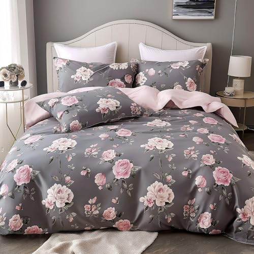 Boqingzhu 3D Bettwäsche 135x200cm Blumen Rosen Grau Rosa Aesthetic Vintage Florale Wende Bettwäsche Set Blumenmuster Rosenmuster Bettbezug und Kissenbezug 80x80cm mit Reißverschluss