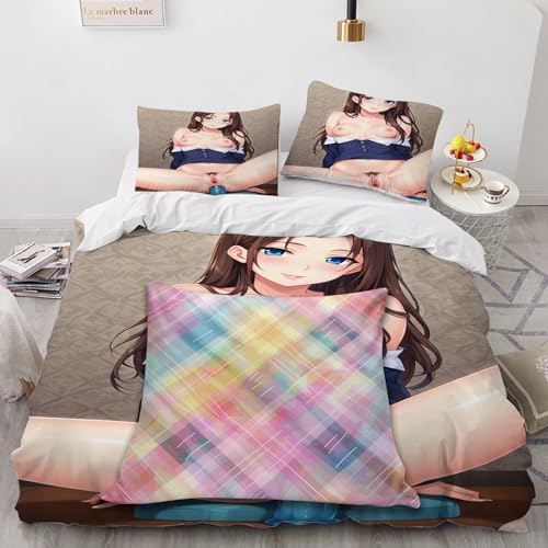 SPECUFX Liebey Anime-Mädchen Ecchi 3 Teilig Bettbezüge 135x200 Bettwäsche Geburtstagsgeschenke Weihnachten Bequeme Deckenbezug 135x200cm Bettbezug Set 2 Kissenbezug 80x80cm Reißverschluss