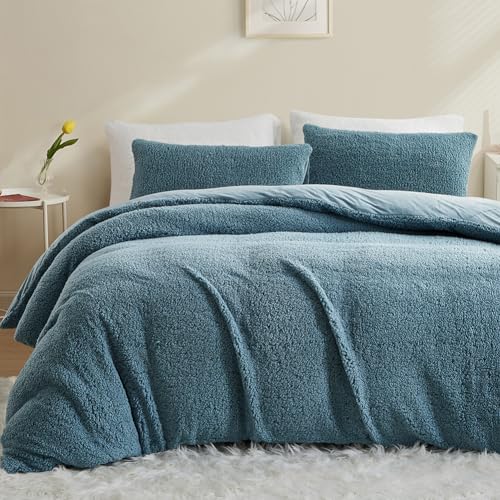 AShanlan Winter Feece Bettwäsche 220x240 Cashmere Touch Super Warme Sherpa Bettbezug Flauschig Teddy Fleece Flanell Deckenbezug mit Reißverschluss und 2 Kissenbezug 80x80 cm Petrol Blau