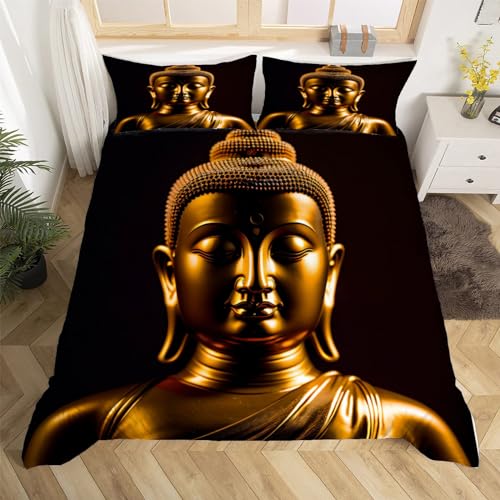 Orientalische Buddhastatue Bettwäsche Set 200x200 cm Weich Mikrofaser Buddhistische Kultur Bettwäsche-Sets mit Reißverschluss 3 Teilig Bettbezüge mit 2 Kissenbezug 80x80 cm