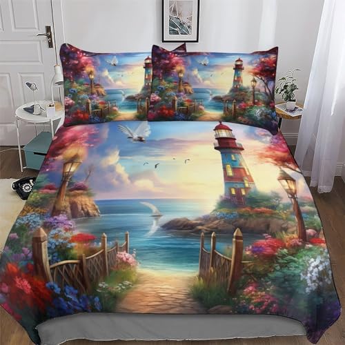 AAPZY Coastal Leuchtturms 3D Muster-Bettwäsche-Set 2teilig Mit Bettbezug Und Kissenbezug, Für Jungen Mädchen Schlafzimmer Atmungsaktiv Mikrofaser Bettbezüge Bettgarnitur Single (135x200cm)