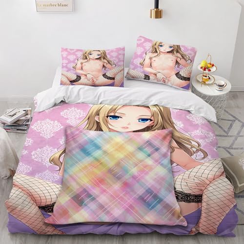 SPECUFX Liebey Anime-Mädchen Otaku 3 Teilig Bettbezüge 160X220 Bettwäsche Geburtstagsgeschenke Weihnachten Bequeme Deckenbezug 160X220cm Bettbezug Set 2 Kissenbezug 80x80cm Reißverschluss