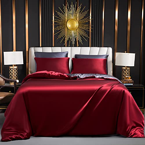 Luofanfei Satin Bettwäsche 135x200cm Glänzend Weinrot Rot Grau Glanzsatin Bettwäsche Set Seiden Sommer Einfarbig Muster Luxus Bettbezug Einzelbett mit Reissverschluss und Kissenbezug 80x80 cm