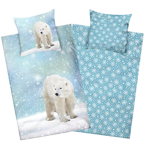 Aminata kids Biber Bettwäsche 135x200 Eisbär Flanell Baumwolle mit Reißverschluss - Kinder & Erwachsene - weiß blau - Tier-Motiv - Schneeflocken - Eisbärbettwäsche Winter-Tiere