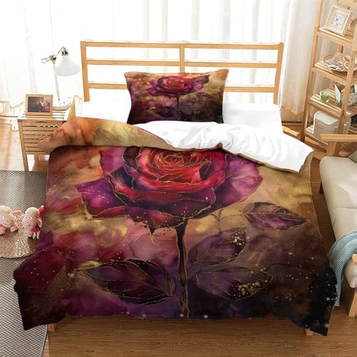 YAMABAIHUO Rote Rose 3D Gedruckte Bettwäsche 2 Teilig Pflanzenthema Set Bettbezüge Soft Microfaser Mit Reißverschluss,Home Dekor Kollektion Single?135x200cm?