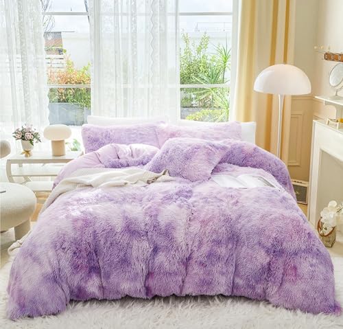 Menkala Plüsch Bettwäsche 135x200 Lila Mädchen Winter Warme Flauschig Langhaar Kunstfell Plüschbettwäsche Tie Dye Shaggy Flanell Biber Wende Bettbezug mit Reißverschluss und Kissenbezug 80x80cm