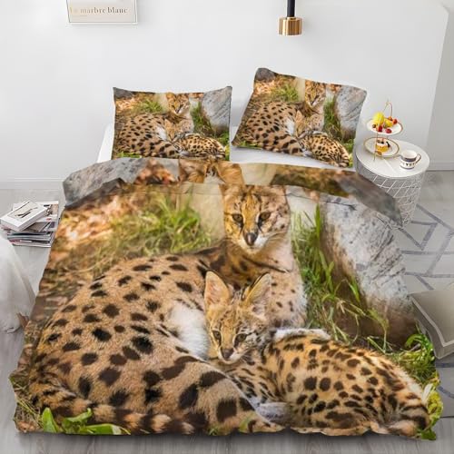 EXSANLIEAY Serval Katze BettwäSche 135x200 Wiese BettwäSche-Sets füR Jeden, Bettbezug Wende Microfaser mit Reißverschluss - 1 Bettbezügen & 2 Kissenbezügen 80x80, Weich & Bügelfrei