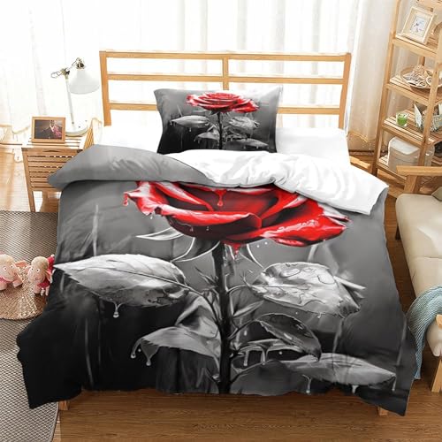 YAMABAIHUO Rote Rose 3D Druck Bettwäsche 2 Teilig The Theme of Blumes Bettbezügen Soft Microfaser Mit Kissenbezüge,Home Dekor Kollektion Single?135x200cm?