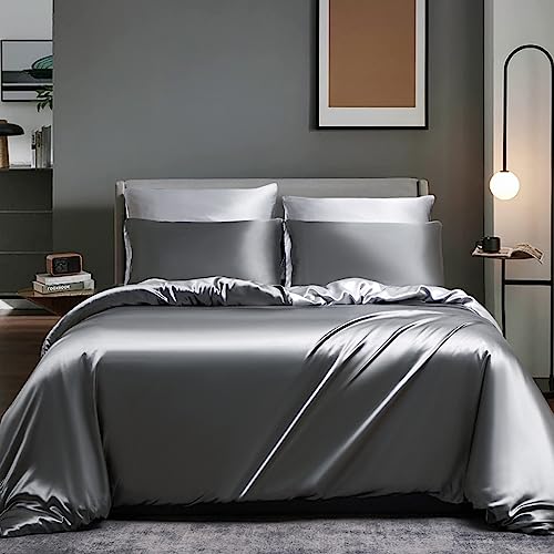 Boqingzhu Satin Bettwäsche 200x200cm Grau Dunkelgrau Anthrazit Hellgrau Luxus Glanzsatin Seidenbettwäsche Set Wende Uni Einfarbig Glatt Glänzend Bettbezug und 2 Kissenbezüge 80x80cm