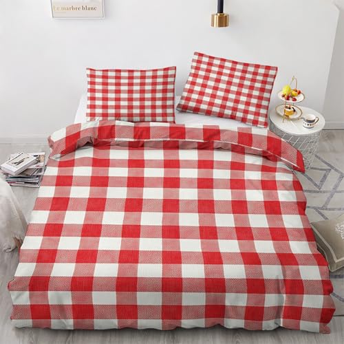 Kariert Deko - Kariert Bettwäsche 135x200 Winter, Rot Weiß Gingham Bettbezug 135 x 200 2er Set mit 1 Kissenbezug 80x80, Weiche Mikrofaser Winterbettwäsche mit Reißverschluss G#&158