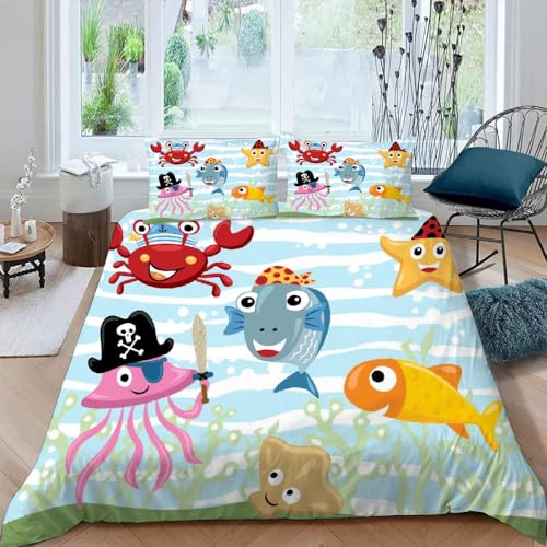 ARiXIaNg Kinder Bettwäsche Kawaii Pirate 135x200 cm Erwachsene Bettbezüge 3teilig mit Reißverschluss und 2 Kissenbezüge Créatures Aquatiques Bettwaren Kuschelig Mikrofaser Bettwäsche-Set