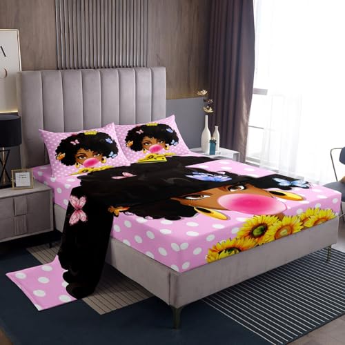 Erosebridal Schwarzes Damen-Bettwäsche-Set für Teenager und Erwachsene, magisches schwarzes Mädchen-Bettwäsche-Set, schicke Sonnenblumen- und Schmetterling-Bettlaken, niedliche Punkte,