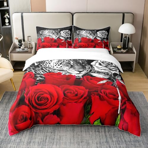 Loussiesd Geparden Bettwäsche Rot Rose Leopard Drucken Bettbezug Set Wildlife Home Dekor Bettwäsche Set 200x200cm 100% Baumwolle Soft Lightweight 1 Bettbezug Set mit 1 Kissenbezügen