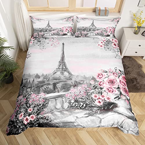 Eiffelturm Kinder Bettbezug Set 135x200,Paris berühmte Urbane Architektur Bettwäsche Set,Jungen Mädchen Erwachsene Zimmer Dekoration,rosa Rosen Blumen romantische Bettdecke,1 Kissenbezug