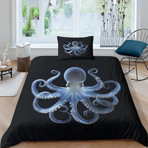 BEDPOCHY Oktopus Bettwäsche-Set Mit Reißverschluss, Für Jungen Und Mädchen Weiche Mikrofaser Pirat Bettbezug-Set 2-teilig Mit Passendem Kissenbezug Single?135x200cm?