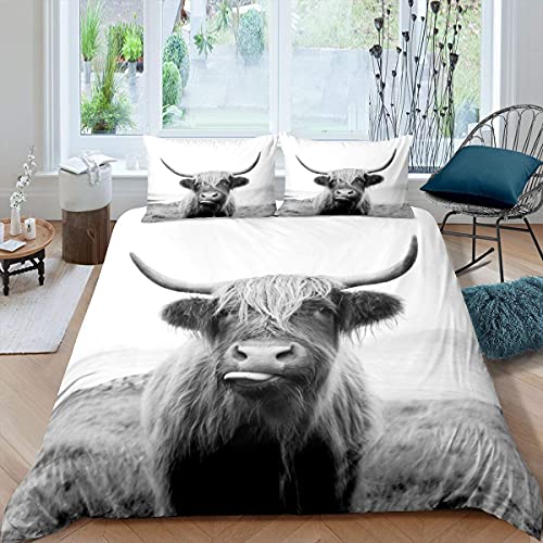 Hochlandkuh Tröster Abdeckung 135X200 Bauernhaus Tier Milch Bettwäsche Set Lustige süße Kuh Bettbezug Wildlife Tier Bettbezug Grau Weiß Bettwäsche Set Room Decor