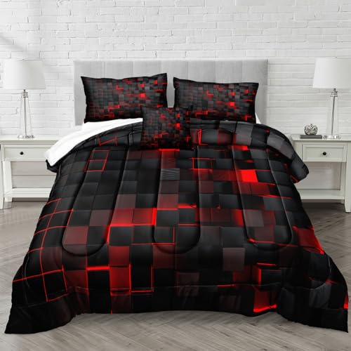 Bedbay Geometrisches Bettdecken-Set für King-Size-Bett, rot, schwarz, kariert, 3-teilig, stereoskopisch, leuchtend, quadratisch, für Jungen, Teenager, Erwachsene, rot, schwarz, Gitter-Bettwäsche-Set